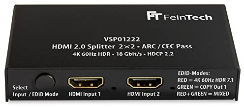 FeinTech VSP01222 HDMI 2.0 Splitter 2 Eingänge 2 Ausgänge Scaler ARC Pass für AV-Receiver 4K 60Hz HDR