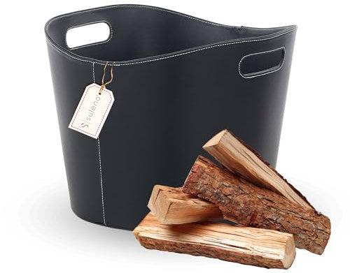 SULENO Holzkorb WEXFORD Brennholzkorb Kunstleder schwarz (L - 31,5 x 39,5 x 38 cm)