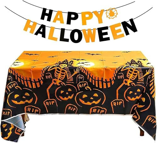 Halloween Tischdecke, 267 x 137 cm Halloween Orange Tischdecke Happy Deko Happy Halloween Banner, Halloween Party Deko Set Gruselige Schläger Tischdekoration Halloween Dekoration für Haus Tisch Garten