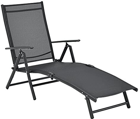 [en.casa] Sonnenliege Alborea mit Armlehnen Strandliege mit Verstellbarer Rückenlehne Gartenliege Liegestuhl zusammenklappbar bis 120 kg Aluminiumrahmen Schwarz