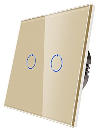 CNBINGO Interruptor regulador de intensidad para luces LED – Interruptor de luz táctil empotrado – Interruptor de intensidad doble en oro – Interruptor de pared con panel de cristal y LED de estado