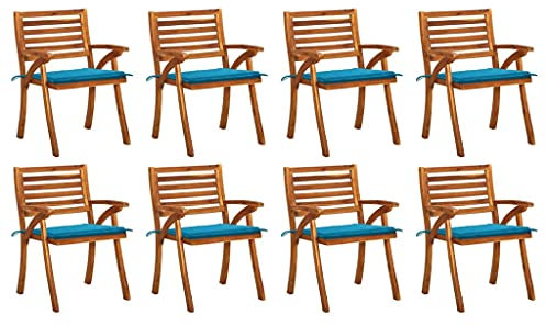 Rillbus Gartenstühle 8er Set Holzstühle, Balkonstühle Gartensessel Armlehnen mit Sitzkissen in Blau, Balkonmöbel Terrassenmöbel Relaxsessel, Massivholz Akazie 59x59x87cm