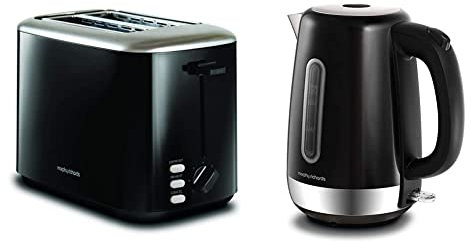 Morphy Richards Equip Black 2 Slice Toaster - Defrost And Reheat Settings - 2 Slot - Stainless Steel - 222064 & Equip Black Jug Kettle - 1.7L - Rapid Boil - Limescale Filter - 102783