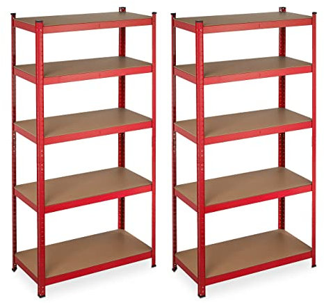 Relaxdays 2 x Schwerlastregal zum Stecken, Traglast: 875 kg, 5 Ebenen, Keller & Garage, Stahl, H x B x T: 180 x 90 x 45 cm, rot