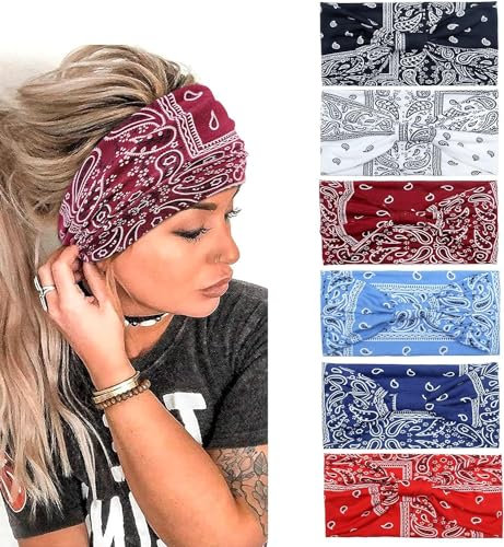 Kavya 6 Pièces Bandeau Cheveux Femme Large élastique Doux Bandeaux Imprimé Yoga Sport Headband Multicolore Serre-tête Femme (Boho)