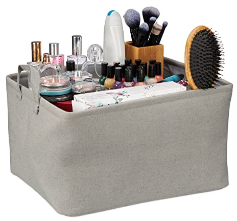 Relaxdays Storage Basket, Folding, Box for Shelves, 30 x 48 x 38 cm, Bathroom Organiser with Handles, Fabric, Grey, Polyester