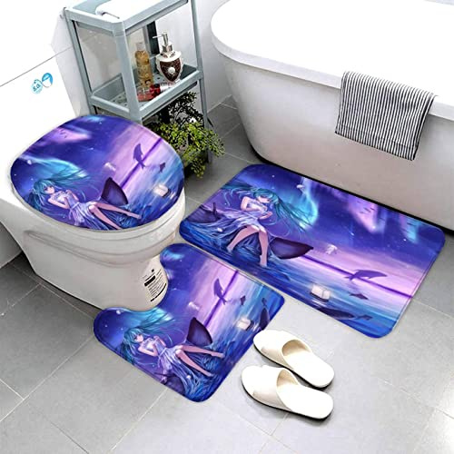 Lavnox Anime Frau Badematten 3 Teilig Set Retro-Strand rutschfest Saugfähiger Badezimmerteppich, U-förmiger Kontur Teppich, WC-Deckel Waschbar Duschvorleger Badaccessoires 40x60cm