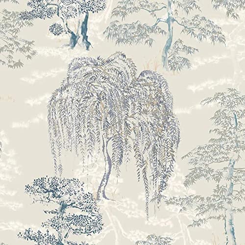 Oriental Garden Blue White Wallpaper - Floral Trees Botanical Metallic Silver Gold Modern Contemporary Nature