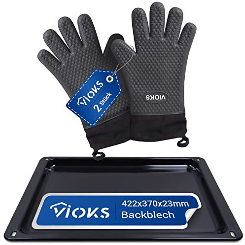 VIOKS Backblech 422 x 370 x 23mm Emailliert Ersatz für Zanussi 3531939233 + 2 Silikon Ofenhandschuhe Hitzebestaendig & Backofen Set, Backen Zubehör