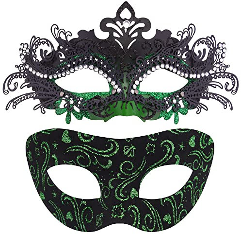 SIQUK 2 Stück Venezianische Maske Paar Maskerade Mask Venezianischen Maske Kostüm Masken für Damen Herren Halloween Karneval Party, Schwarz & Grün
