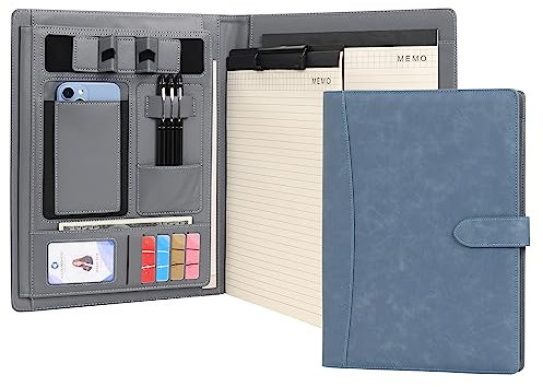 Wason Portefeuille A4 Padfolio Porte-documents en Cuir PU avec Multi-poches Bloc-notes Planchettes Amovible et Support Téléphone Tablette pour Organisateur Bureau école Voyage(Bleu)