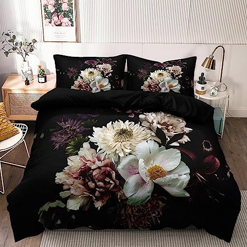 Bettwäsche 135x200 cm Blumen Schwarz Vintage Blüten Muster 3D Pflanzen Bettwäsche Set Sommer Geblümt Floral Microfaser Bettbezug Einzelbett Set 135 x 200 für Bettdecken und 1 Kissenbezug 80x80cm