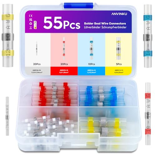 ANVINKU 55pcs Solder Seal Wire Connectors, Heat Shrink Connectors, 4 Types Waterproof Solder Joints Heat Shrink for Marine Vehicle Electrical Engineering