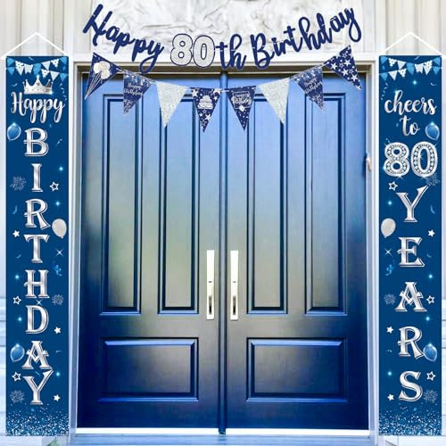 80 Geburtstag Tür Banner Deko Mann, Blau Silber 80. Geburtstag Veranda Schild Banner, 80. Geburtstag Banner Girlande Wimpel Bunting, 80. Geburtstagsfeier Banner Wimpelkette für Tür Männer Party Deko