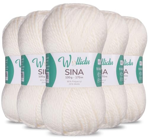Wollidu Sina Wolle zum Stricken und Häkeln 500g Premium Strickwolle/Häkelwolle Set OEKO-TEX zertifiziert 5 x 100g/170m 80% Polyacryl 20% Schafwolle mulesing-frei - Naturweiß