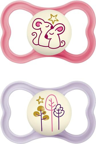 MAM Air Night Soothers | 16 Plus Months | 2 Pack | Glow in The Dark Dummies | Comes in Dummy Steriliser Case | Sustainable Materials | Baby Accessories | Pink (Various Designs)