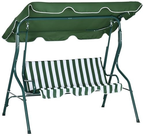 Outsunny Balancelle de Jardin 3 Places Toit imperméabilisé Inclinaison réglable Coussins Assise Dossier 1,7L x 1,1l x 1,53H m Acier Polyester Vert Blanc rayé