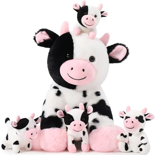 MorisMos Vaca Peluche Gigante con 3 Bebes Dentro de la Barriga, 37 cm Vaca Lechera Juguete de Peluche Animales Suave Bonito, Regalo para Niños Niñas Cumpleaños Navidad
