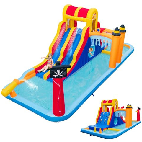 LIFEZEAL Château Gonflable, Parc Aquatique avec 2 Toboggans, Mur Escalade, Structure Gonflable avec Zone de Saut pour Enfants 3-10 Ans, Grand Aire de Jeux Intérieur Extérieur (sans souffleur)