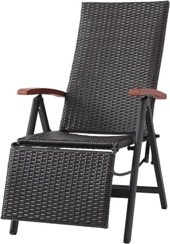 MAMIZO Rattan-Klappstuhl, 7-Fach Verstellbarer Stuhl, Aluminium-Garten-Außenstuhl mit Armlehnen, Garten, Camping, Schwimmbad, Balkon (55.5cm X 66cm X 217cm)