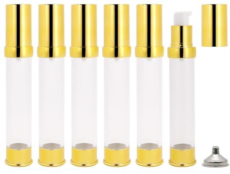 AJLTPA 6Pcs 1oz 30ml Clear Airless Pump Bottles with Funnel, Refillable Travel Size Vacuum Moisturizer Dispenser Cosmetic Containers For Foundations, Cream, Serums, Shampoo, Lotion(Gold)