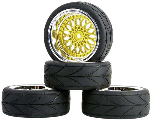 KEEDA RC Auto 64mm Gummireifen & 52mm/2,05 Zoll Kunststoff Felgen Räder für 1/10 RC On Road Touring Racing Drift Car (Einpresstiefe 9mm, Gold)