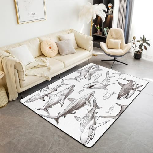 Jungen Hai Bereich Teppich 150Bx200L,Cartoon Hai Teppich,Hand Gezeichnete Skizze Stil Bodenmatte für Den Innenbereich,Küsten Sealife Marine Ozean Tier Dekor Teppich,Waschbare rutschfeste Teppich