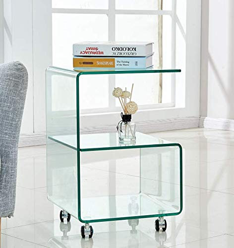 MAESTRO FERRETERO MF- Mesa Auxiliar Modelo Abigail Baja, Fabricada íntegramente de Cristal Curvado de 12 mm, Ruedas, 40x40 cm - Diseño Elegante y móvil