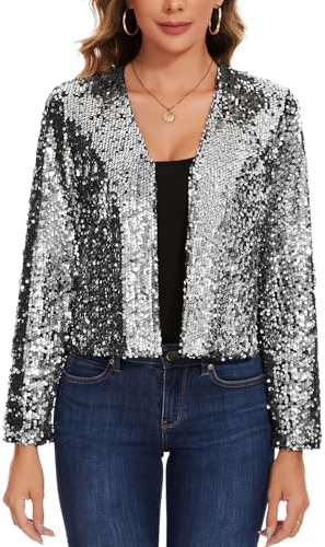 MINTLIMIT Cardigan Damen Kurz Pailletten Offene Strickbolero Dünne Elegant Langarm Bolero Festlich (Silberfarben XL)