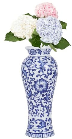 Yunjuhop Chinoiserie Vase bleu et blanc, vase en céramique pour centre de table de salon, bureau, chambre à coucher, chinoiserie vintage, vases à fleurs de saule décoratifs (Lotus-M)