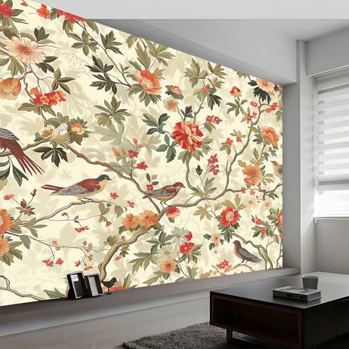 Générique Papier Peint Intissé Style Vintage Fleur Oiseau 300 x 210 cm (L x H), Papier Peint Panoramique Crème, Mural Photo Mural Poster pour Salon Chambre de Enfants Décor Fond TV