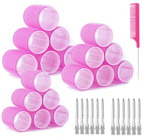 Romon 31 Pièces Bigoudis Cheveux Set, 18 Rouleaux Cheveux Chauffant Heatless Curling avec 3 Tailles 40/30/20mm avec 12 Pinces à Cheveux et 1 Peigne pour Tous Les Cheveux Courts, Moyens Ou Longs(Rose)