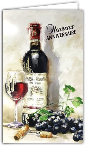 15-6387 Carte Heureux Anniversaire Adulte avec PORTE-BILLETS illustré à l'intérieur et enveloppe blanche format 12x19,5cm Comme le bon vin tu te bonifies avec l'âge Bouteille Verre de Rouge millésime