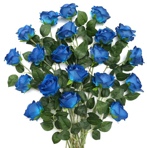 JUSTOYOU 20 PCS Blaue Rose künstliche Blume, Seide blühende Rose mit Stiel, künstliche Rose Bouquet Realistische Blume für Home Table Office Party Hochzeit Garten Arrangements (Blaue Rose)