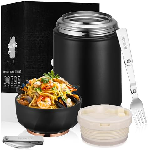 TranRantic Alimentaire Chaud, 500ml Acier Inoxydable Boite Alimentaire Isotherme, Lunch Box Isotherme avec Fourchette et Cuillère Pliables, Gamelle Isotherme pour Repas Chaud(Noir)