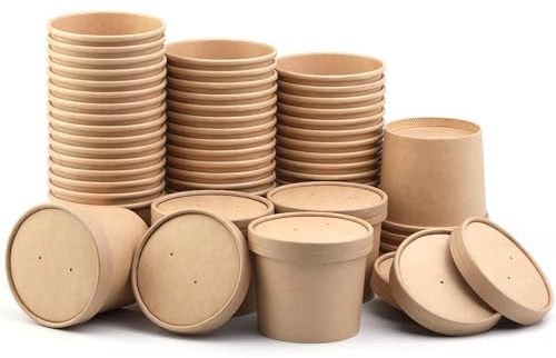 CaterCo Disposable Kraft Soup Containers with Lids (12oz / 340ml - 250 Pack) Brown Paper Takeaway Paper Soup Cups, Microwave & Freezer Safe Ice Cream Container, Eco-Friendly (12oz / 340ml - 250 Pack)