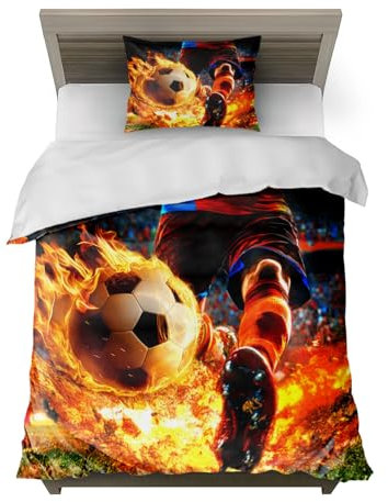 HommomH Fußball-Druckset: Leidenschaftlicher Brennball & Dynamische Spielerbein im Feuerwerk-Design | 135x200cm Bettbezug + 80x80cm Kissenbezug, 100% Polyester, Fan-Spezial Sport-Liebe-Bettwäsche