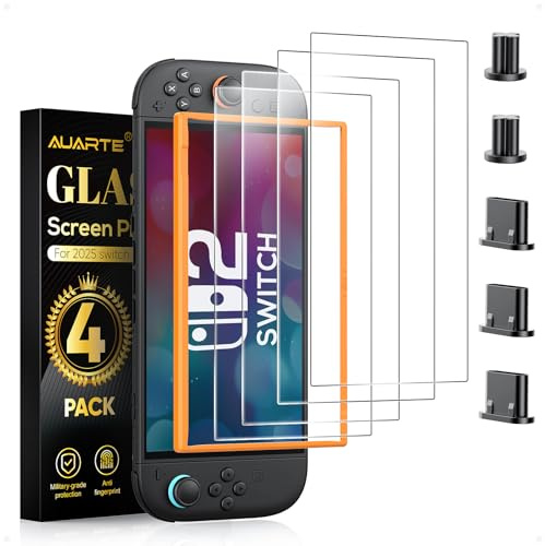 Auarte 4 Pièces Verre Trempé pour Nintendo Switch 2 [7,9 Pouces], Protection écran avec Kit Installation Offert et 5 Dust Plug Accessoires pour Switch 2, Dureté 9H, Anti-rayures, HD Clair, Sans Bulles
