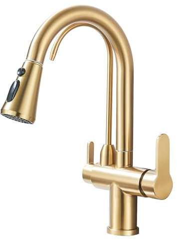 Saeuwtowy Grifo de Cocina 3 Vías Ósmosis, Grifo Osmosis con 2 Palancas, Grifo Osmosis Fregadero Giratorio a 360°, Ducha Extraíble, Acero Inoxidable Oro Cepillado