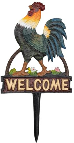 Moritz Gartenschild Welcome Hahn Gusseisen bunt - Dekoratives Steckschild für Garten Beet Vorgarten - Rostfreies Metallschild wetterfest - 32,5 cm hoch - Landhaus Deko