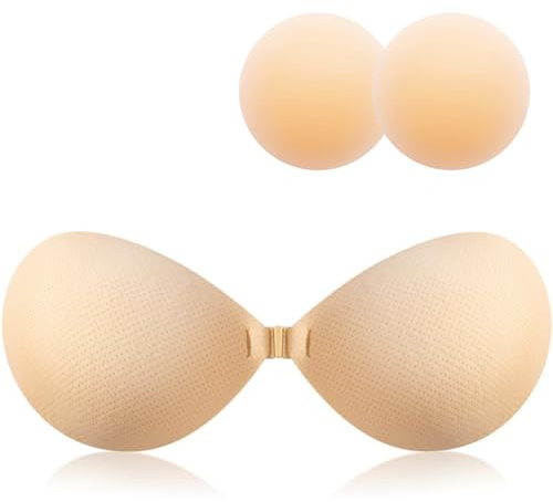 ANGELEMM Invisible Sticky Bra Push Up - Stick on Bras for Women, Reusable Adhesive Backless Strapless Push Up Bra, Women's Silicone Bras for Weddings Party Dress (Cup A) Beige