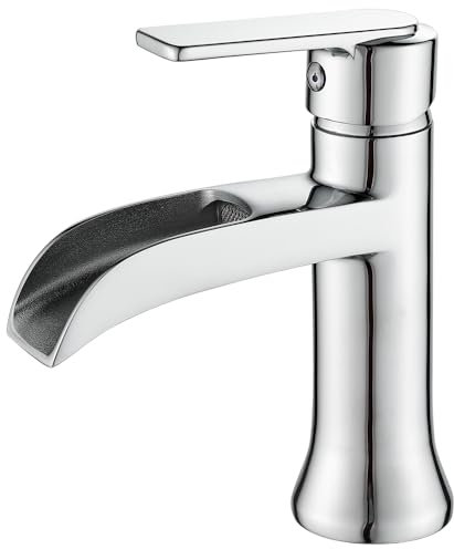 Maynosi Waterfall Bathroom Basin Mixer Tap, Mono Modern Bathroom Sink Tap with Waterfall Spout, Single Lever 1 Hole Sink Faucet with G1/2 UK Standard Hoses, Solid Brass (Chrome)