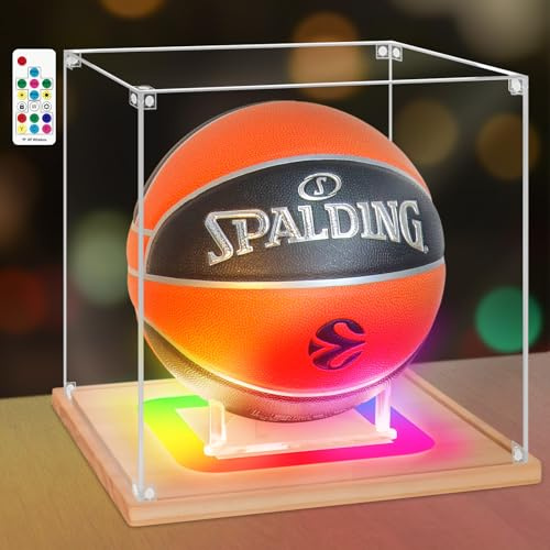 Nonemey Basketball Vitrine mit Bunten Led Licht, Acryl vitrine schaukasten Display case mit Ständer für volle Größe Volleyball Basketball Sport Memorabilia Vitrine für Sammlerstücke(Holz, 27x27x27cm)