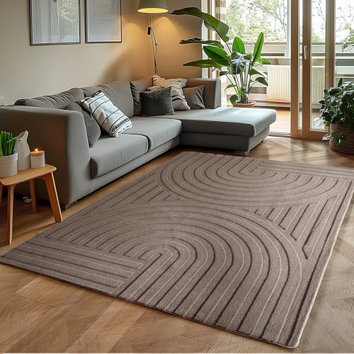 Teppium Boho Teppich 240 x 340 cm Beige – Weicher Skandinavischer Kurzflor mit 3D-Effekt – Waschbar & Pflegeleicht – XXL Teppich für Wohnzimmer, Esszimmer oder großzügige Wohnbereiche