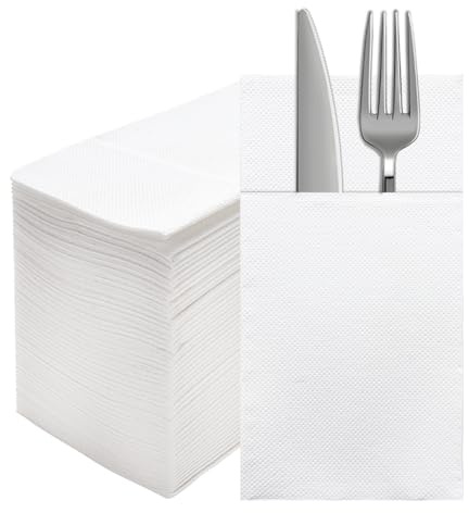 JINYUDOME - Lot de 100 serviettes jetables intégrées dans une poche pour couverts, pré-pliées pour une utilisation pratique, serviettes blanches, idéales pour les fêtes, les anniversaires et les