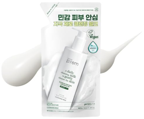 MAKE P:REM Safe Me. Relief Moisture Cleansing Milk, Hydrating Gentle Face Wash for Sensitive Skin with Soy Protein, Korean Milky Cleanser, Korean Skin Care, 3.38 fl.oz (100ml, Refill Pouch)