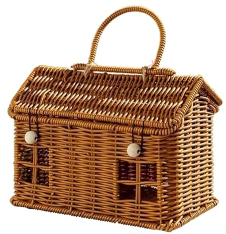 Exogio Rattankorb Aufbewahrungskorb mit Deckel in Hausform, Rattan Picknickkorb, Handgewebter Regal-Organizer mit Klappgriff, Weidenkorb für Picknicks, Dekorativer Korb