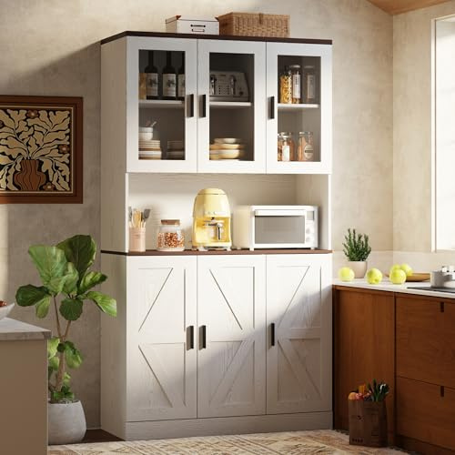 IRONCK 71 Tall Kitchen Pantry Cabinet with Microwave Shelf, White Hutch Cabinet with Storage Power Outlet, Food Pantry for Kitchen Dining Room