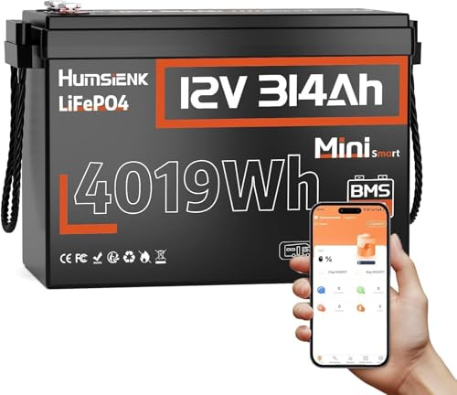 HumsiENK 12V 314Ah LiFePO4 Batterie mit Bluetooth, 4019Wh,Wiederaufladbarer Lithium-Akku für 15000 Zyklen, 200A BMS, Uspeziell für Solarenergie, Wohnmobil, Off Grid, Energiespeicherung