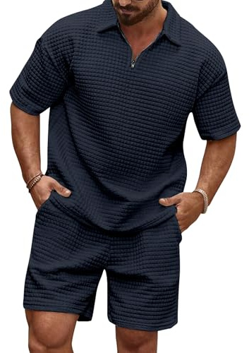 JMIERR Herren 2 Pcs Waffel Polosuit Outfit Polo Shirt und Short,Blau M